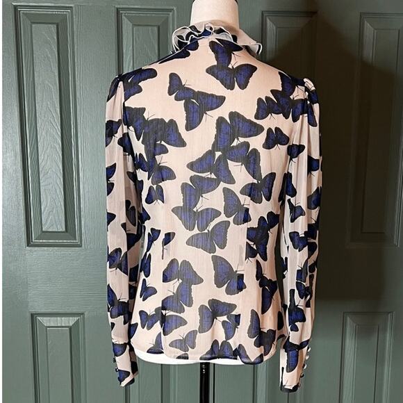 Butterfly Print Ruffle Blouse Romantic Sheer Long Sleeve Top - Picture 2 of 10